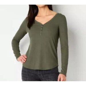 ANA Long Sleeve Henley Top Women XXL Green New Ribbed